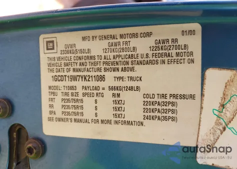 2000 Chevrolet S Truck Ls из США, поврежденный, VIN 1GCDT19W7YK211086